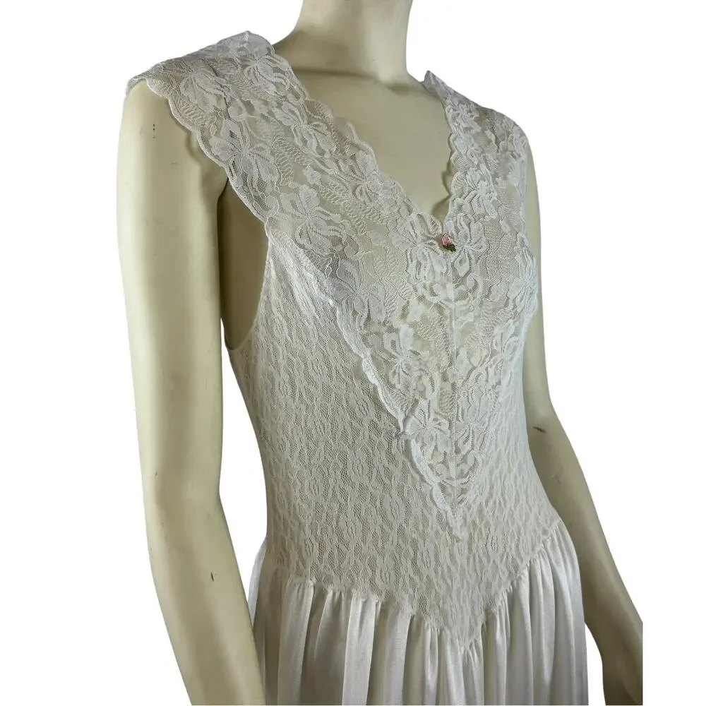 1970s Cira Ivory Lace & Satin Bias-Cut Slip Dress Made in USA size small